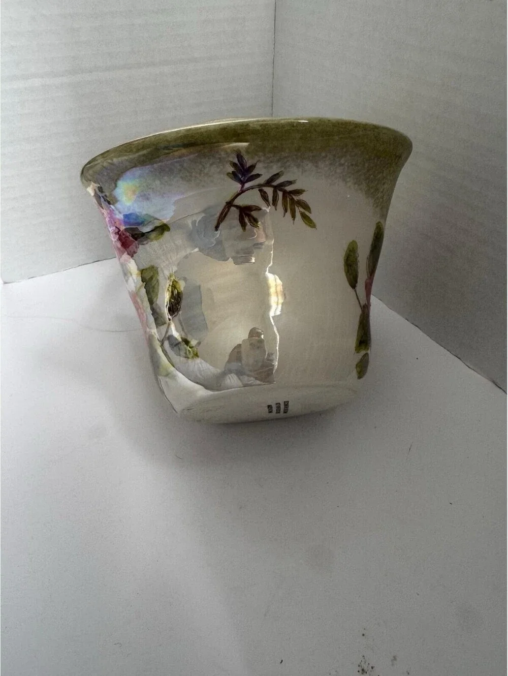 Vintage Ceramic Floral Basket Vase — Pink Roses & Iridescent Luster Glaze